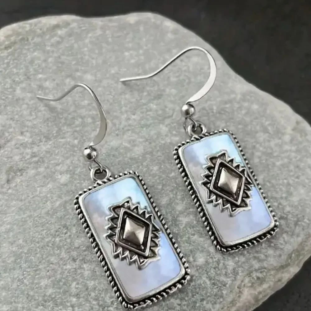 Boho western white gold plated rectangular earrings